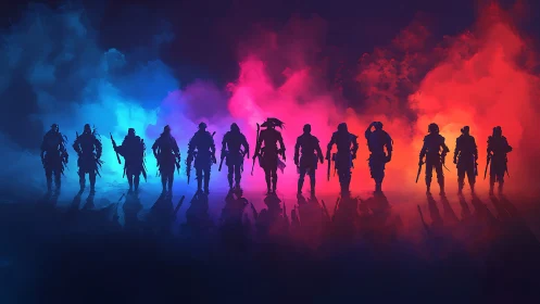 Silhouetted warrior squad in neon triadic battlefield haze.
