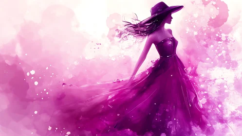 Elegant woman in magenta dress dances through watercolor light