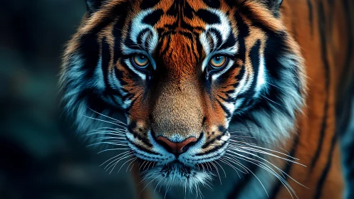 High-detail frontal tiger portrait with shallow depth of field focus