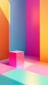 Geometric room with glossy neon gradient blocks and walls.