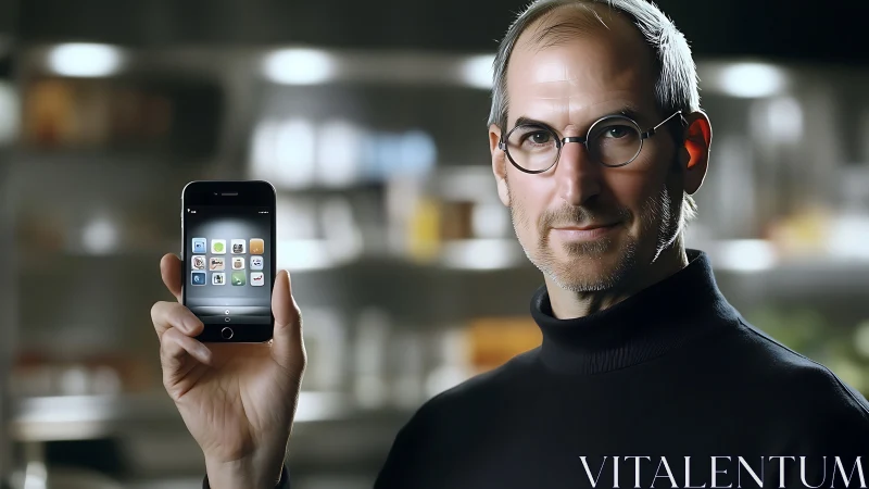 Tech visionary presents sleek smartphone in studio light.