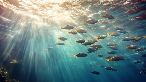 Sunlit fish school drifts through clear tropical seawater
