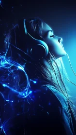 Neon-lit listener in profile with glowing electric soundscape.
