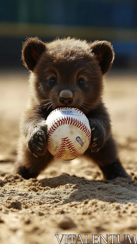 Bear cub grips regulation baseball on sandy infield surface