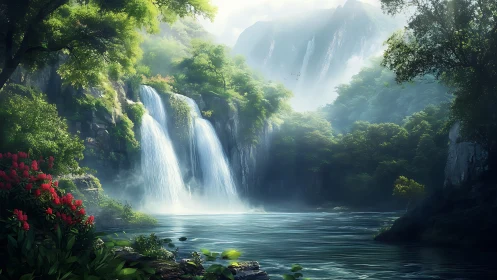 Lush forest waterfall valley with misty distant peaks.