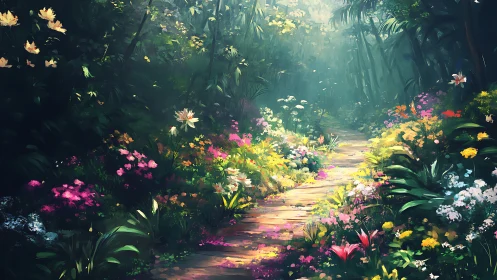 Enchanted Garden Path Through Luminous Flowers.