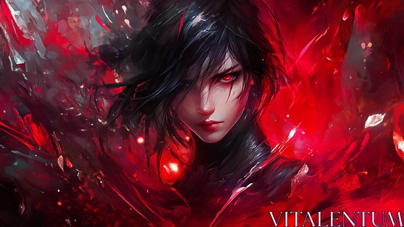 Crimson-spectrum digital portrait of spectral red-eyed warrior.