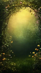 Sunlit floral archway opening onto a hidden green glade.