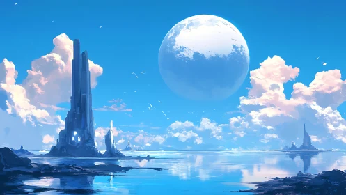 Futuristic coastal towers under large distant planet.