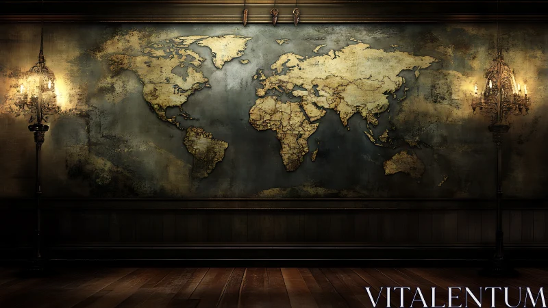 Candlelit Cartographer’s Wall Map in Antique Brass Glow.