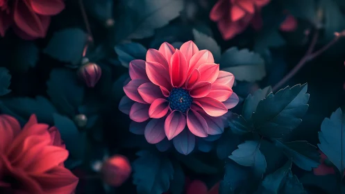 Vibrant Dahlia Blooms in Moody Blue Light.