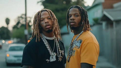 Urban portrait of two stylish men in street setting.