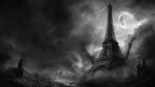 Post-apocalyptic Eiffel Tower under storm-laden lunar sky