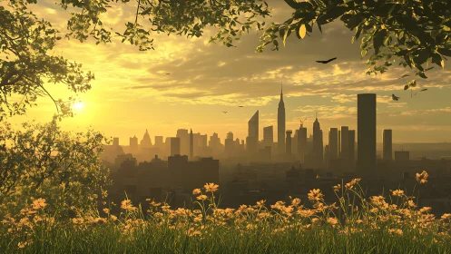 Sunlit city skyline viewed from flowered green hillside.