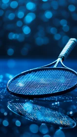 Shimmering tennis racket rests on wet blue court in lights
