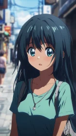 Summer street stroll with surprised blue haired anime girl.