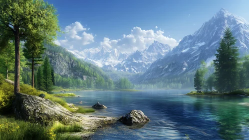 High dynamic range alpine lake scene with detailed atmospheric depth