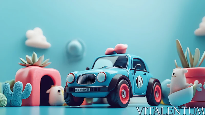 Whimsical blue toy race car parked in pastel play land.