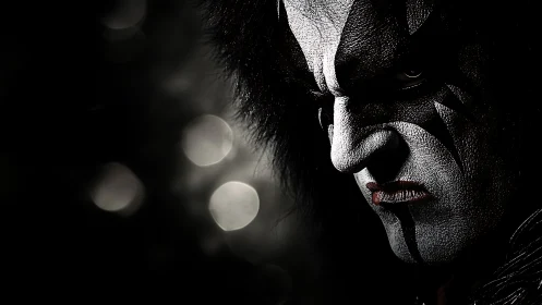 Dark portrait with stark black metal face paint and glare.