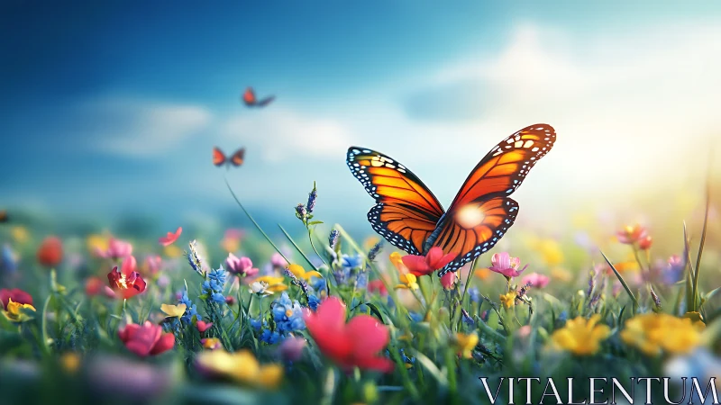 Sunrise monarch drifts above daydream-bright wild meadow.