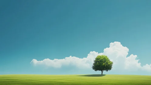 Lone green tree on grassy field with vibrant clouds, minimalist style.