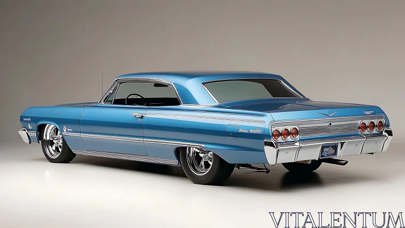 Studio-side profile of restored blue classic lowrider coupe.