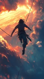 Tightrope walker strides through dramatic sunset clouds.