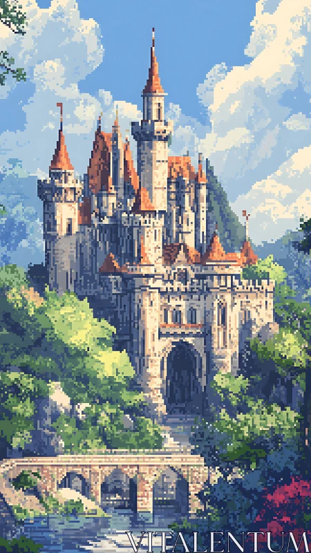 Pixel fantasy castle above stone bridge and river.