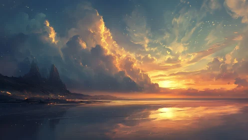Dreamlit shoreline beneath a cloud-chiseled sunset sky.