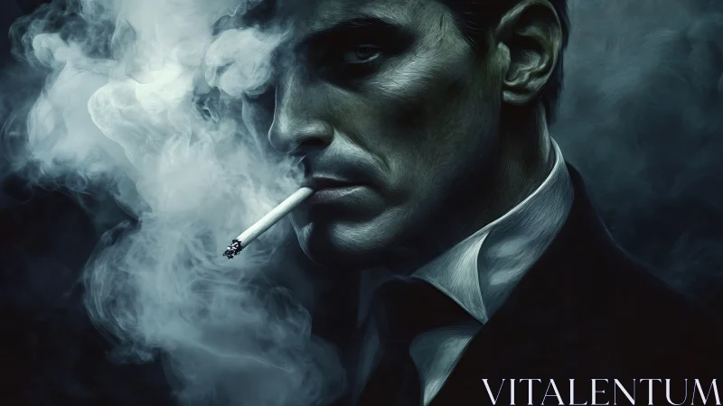 Moody noir portrait of smoking man in dramatic smoke veil.