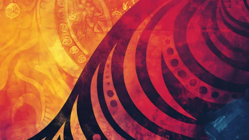 Solar ember swirls and tribal waves in volcanic dialogue.