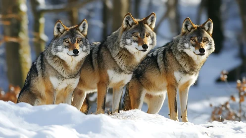 Wild wolf pack standing alert in snowy winter forest.