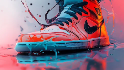 Color-drenched sneaker splashes through neon liquid surface