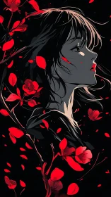 Profile of pensive girl framed by bold red blossoms.