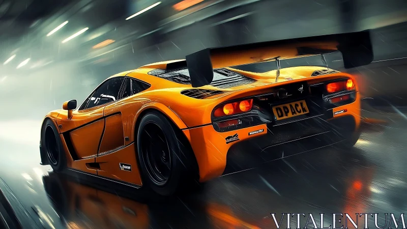 Flame-bright supercar knifes through rain-slick neon tunnel.