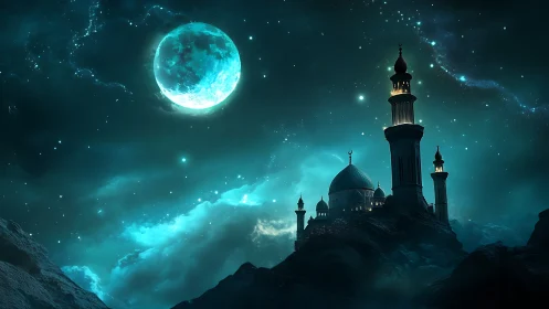 Moonlit celestial palace rises softly over starlit mountains