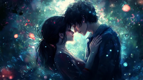 Bioluminescent forest embrace in luminous digital chiaroscuro.