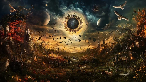 Surreal celestial wildlife panorama with orbital solar vortex.