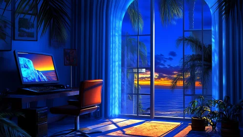 Blue-lit coastal workstation facing high-saturation sunset horizon.