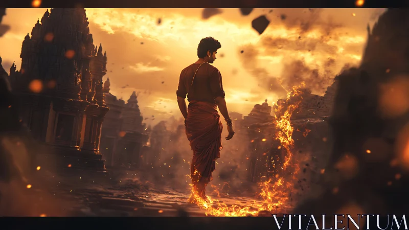 Fire-wreathed monk strides through ancient temple ruins at dusk.
