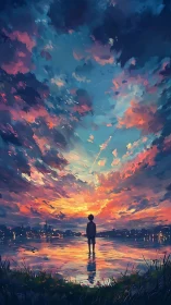 Solitary figure observing prismatic dusk sky reflections.