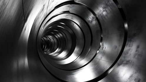Futuristic spiral metallic tunnel with industrial abstract design.