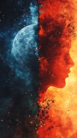 Lunar chill and volcanic flare bisecting human profile silhouette