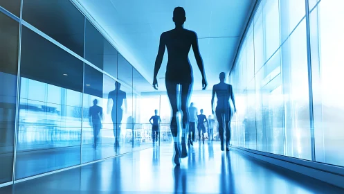 Silhouetted figures in blue corporate glass corridor.