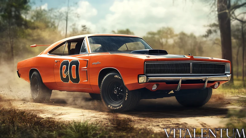Dust-slinging orange muscle car charges through forest track.