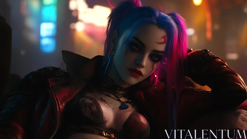 Cyberpunk portrait in neon bar lighting, shallow depth focus.