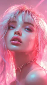 Digital portrait shows stylized woman in neon pink lighting