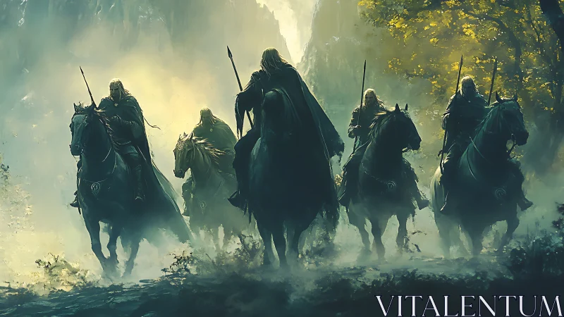 Armored cavalry patrol advancing through spectral forest mist.