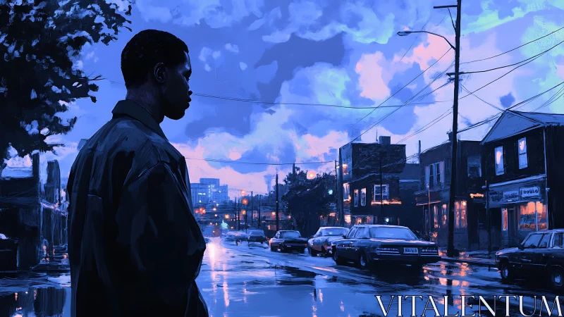 Quiet city evening with a reflective figure in blue light.