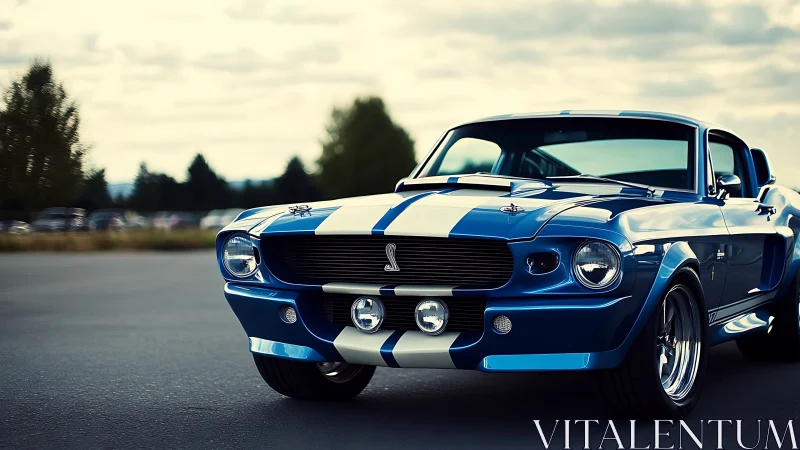 Classic blue muscle car cruising under soft evening skies.